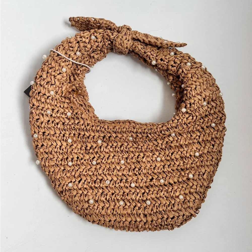 NWT Haute Hippie Straw Pearl-Embellished Woven Shoulder Hobo Bag in Natural Tan
